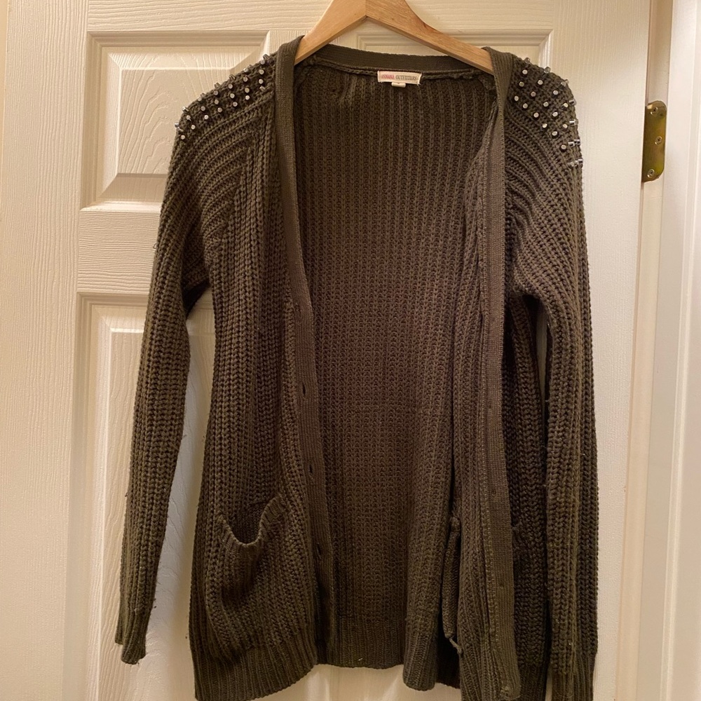 Dark Green Cardigan With Beaded Shoulders